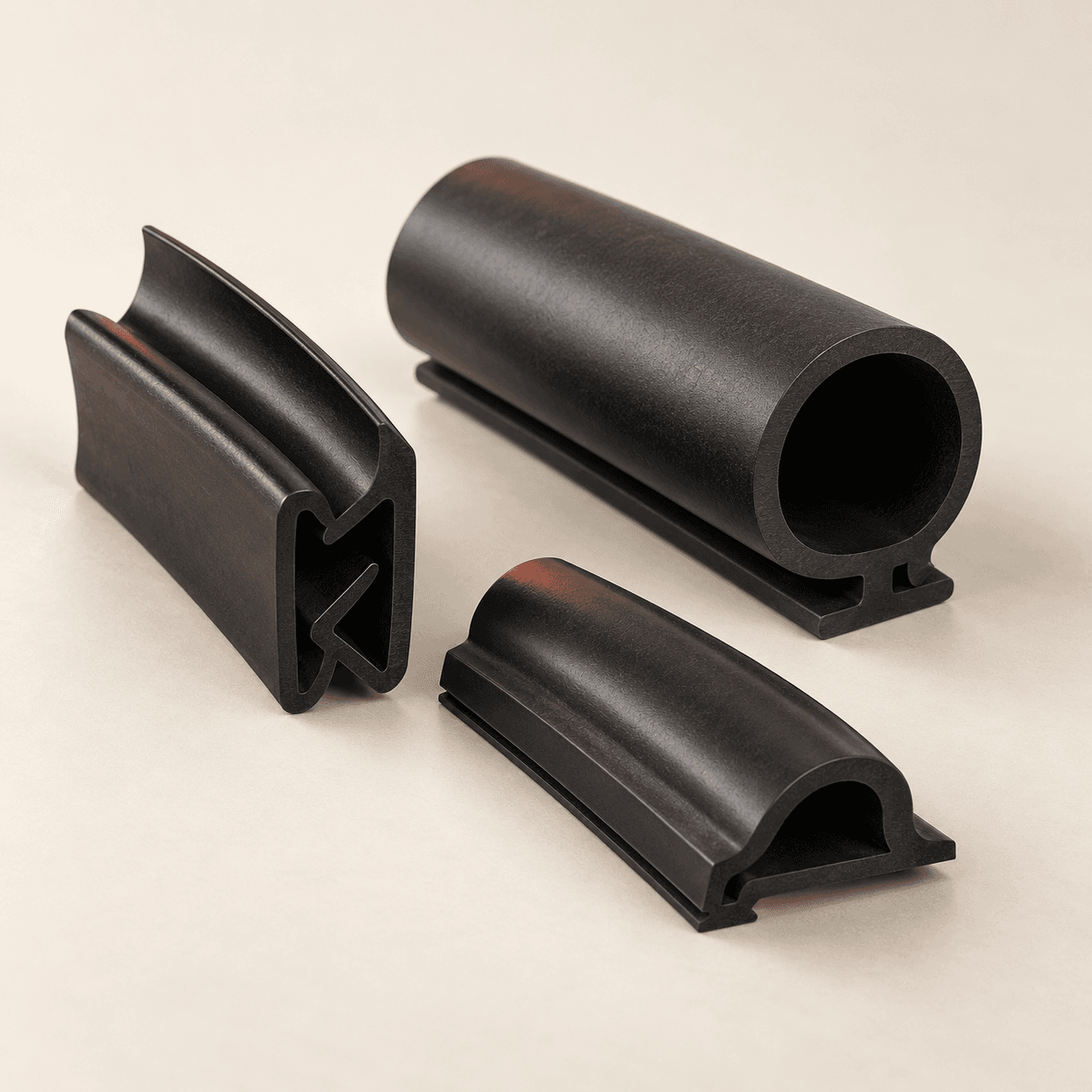Illustrative studio arrangement of black molded rubber sealing profiles